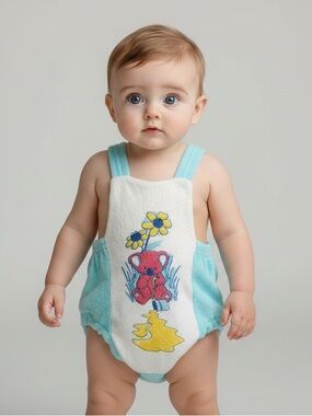 VTG 70s 80s Terry Cloth Bear Sunsuit Romper | Blue/White | 0-3 months